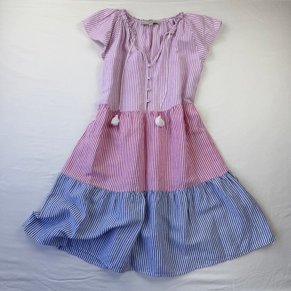 LOFT Striped Tiered Midi Dress in Pink, Blue & White